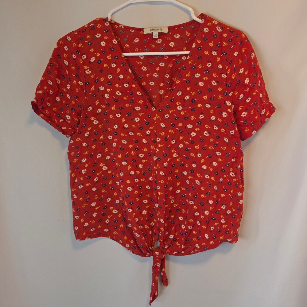 Madewell Tie‎ Front Floral Top XS Red Cottagecore Boho Short Sleeve V-Neck